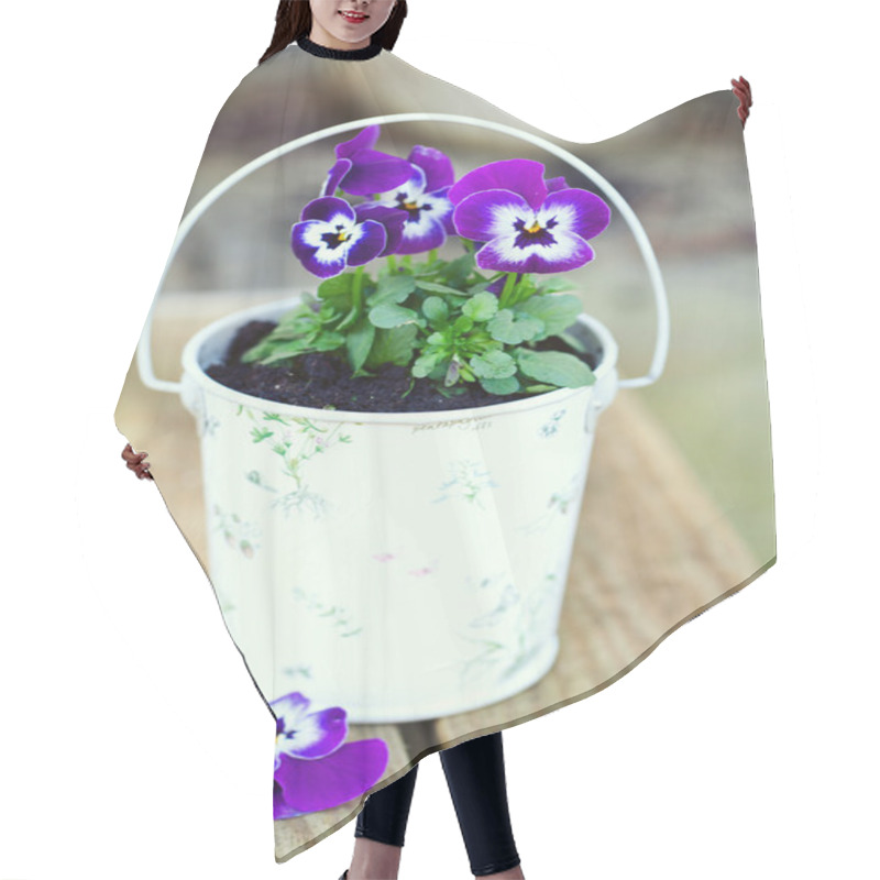 Personality  Violet Pansies In A Romantic Bucket In The Garden Hair Cutting Cape