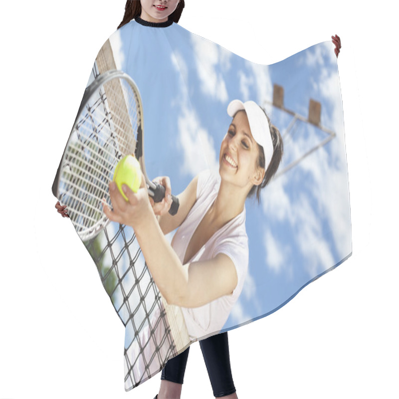 Personality  Woman Holding Tennis Ball Hair Cutting Cape