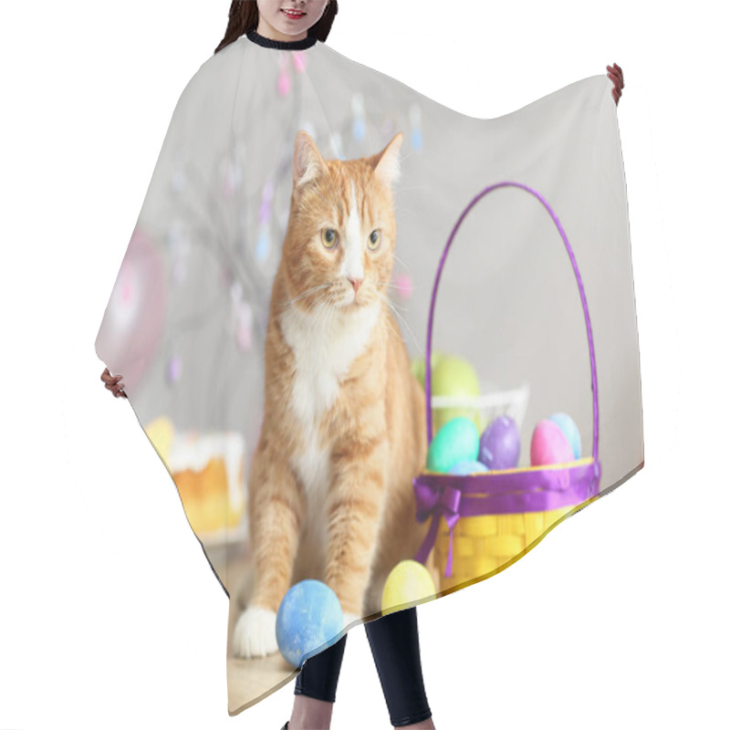 Personality  Cute Red Cat With Easter Eggs And Basket Sitting On Table, Closeup Hair Cutting Cape