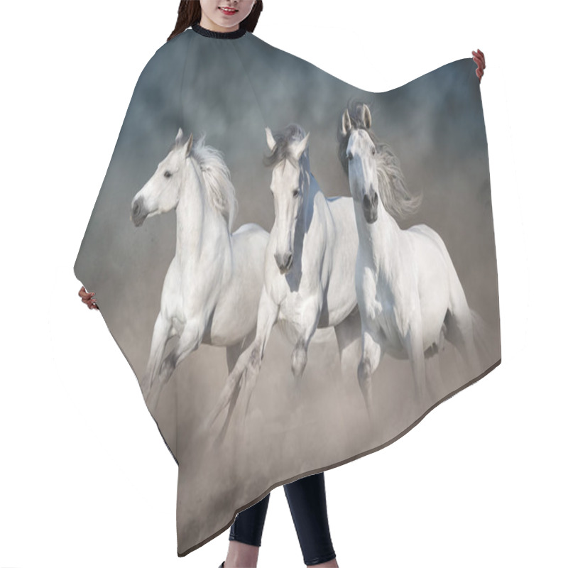 Personality  Three White Horse Run Gallop On Desert Dust Against Dark Sky Hair Cutting Cape