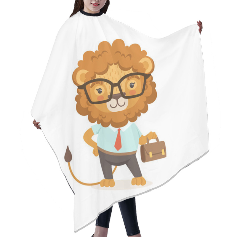 Personality  Illustration Of Lion Cartoon Character Wearing Glasses And Formal Clothing, With Briefcase In Paw. Animal With A Lush Mane. Vector In Flat Style Hair Cutting Cape