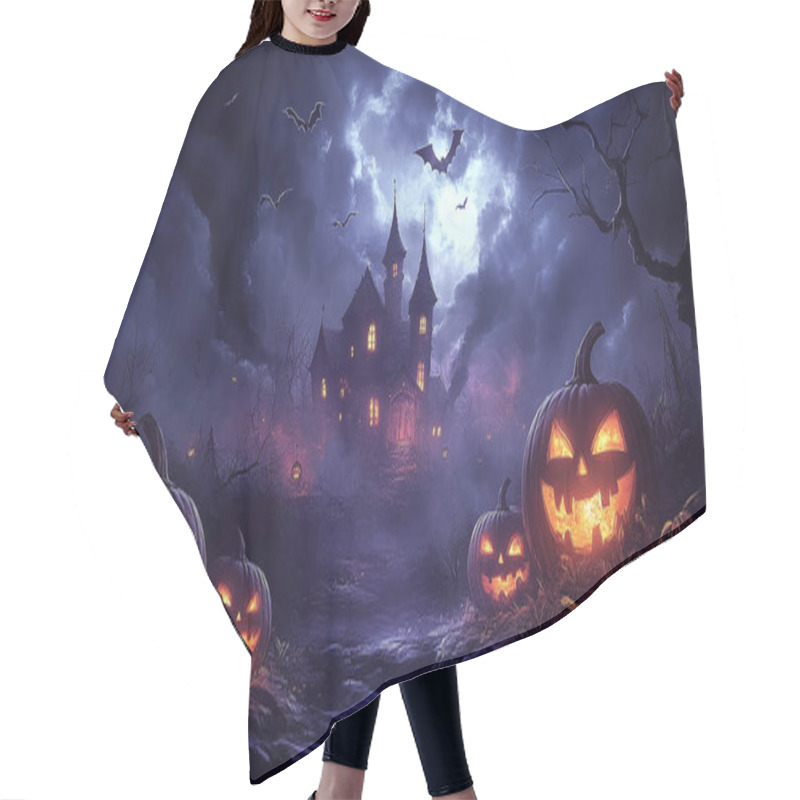 Personality  Happy Halloween Background With Pumpkin Jack-O-Lantern, Witch Hat, Ghosts, And Spooky Decorations. Perfect For Trick Or Treat Celebrations, Holiday Parties And October 31st Festivities. Hair Cutting Cape