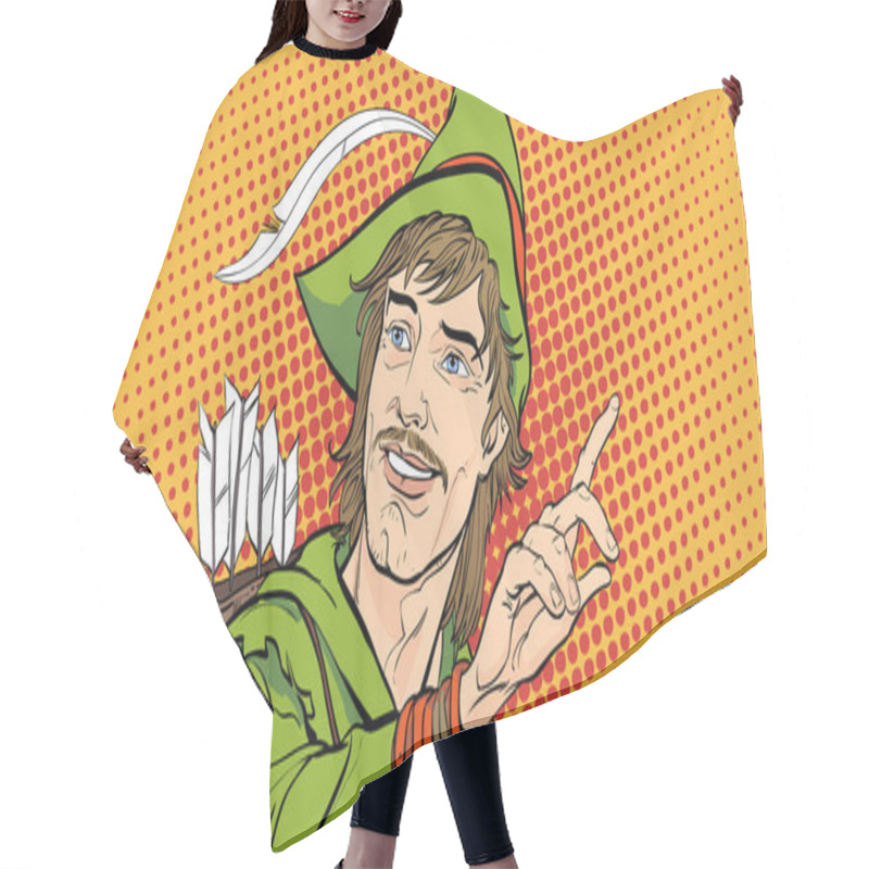 Personality  Robin Hood In A Hat With Feather. Defender Of Weak. Medieval Legends. Heroes Of Medieval Legends. Halftone Background. Hair Cutting Cape