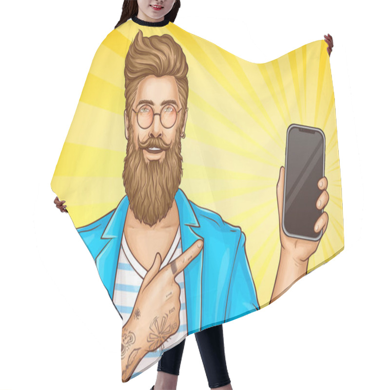 Personality  Bearded Hipster With Tattoos Point On Smartphone Hair Cutting Cape