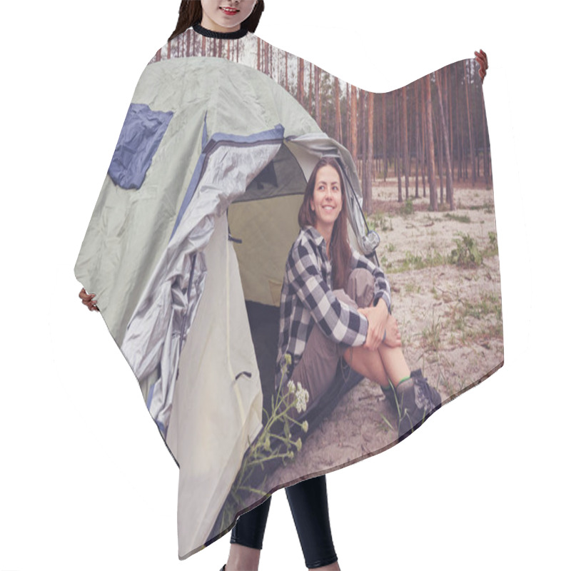 Personality  Girl Hiker In A Tent Mountains In The Background Hair Cutting Cape