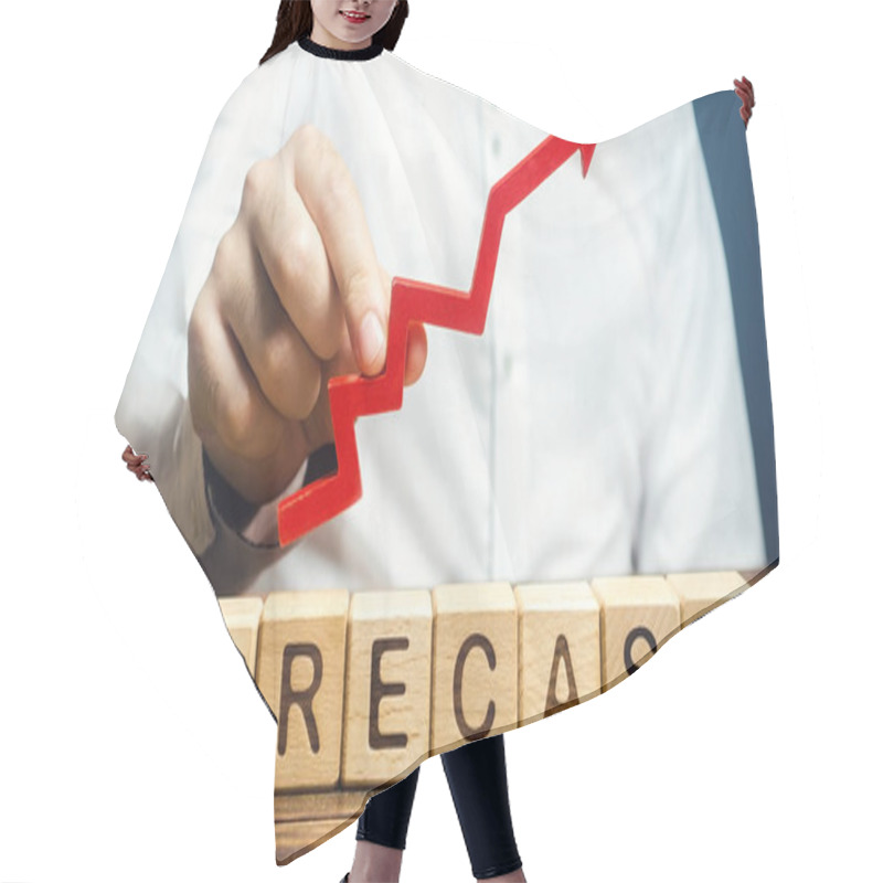 Personality  Man Holds Red Arrow Up Over Word Forecast. Budget Surplus, Optimistic Price Quotes, Rise Of Company Value. Prediction Further Development Of Situation. High Demand, Profitability, Economic Prosperity Hair Cutting Cape