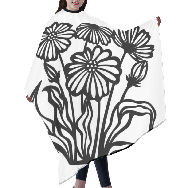 Personality  Silhouettes Of Flowers Drawn With Black Lines. Chamomile Buds, Petals, Leaves, Stems Isolated On White Background. Hand Drawn Sketch. Vector Illustration For Coloring Book. Hair Cutting Cape