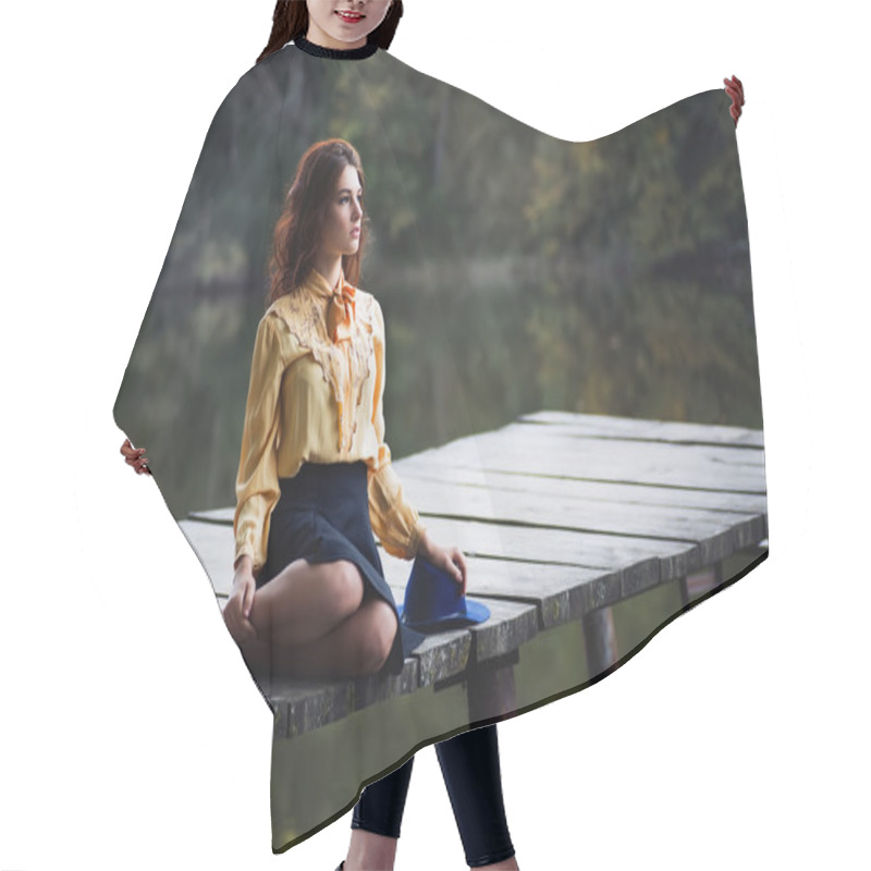 Personality  Young Woman With Curly Hair Sitting On Wooden Pier Hair Cutting Cape