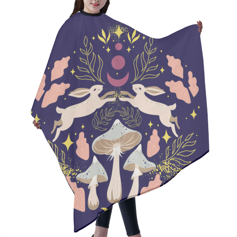 Personality  Magical Forest Vector Forest Symmetric Pattern With Rabbits, Mushrooms, Twigs, Leaves, Stars, Crescents And Fairy Dust On Dark Background Hair Cutting Cape