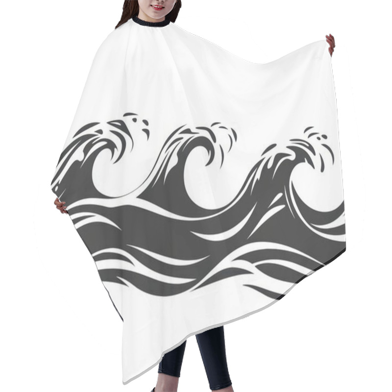 Personality  Stylized Black Waves With Dynamic Curves, Illustrating The Power And Beauty Of The Ocean. Hair Cutting Cape