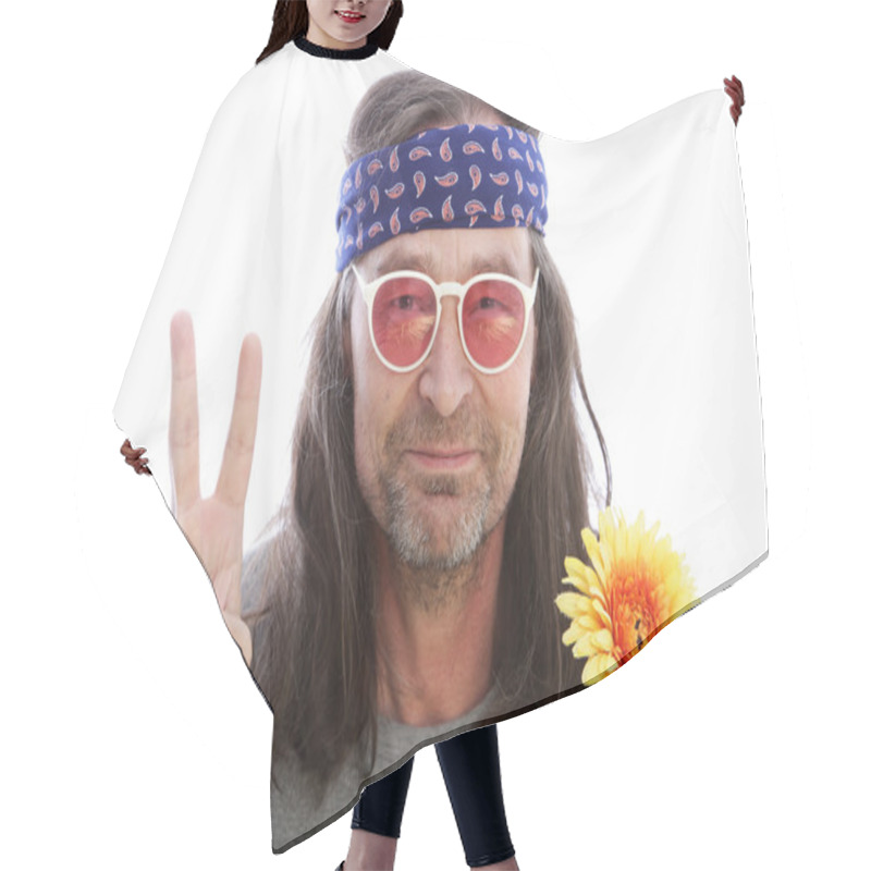 Personality  Male Hippie Making A Peace Sign Hair Cutting Cape