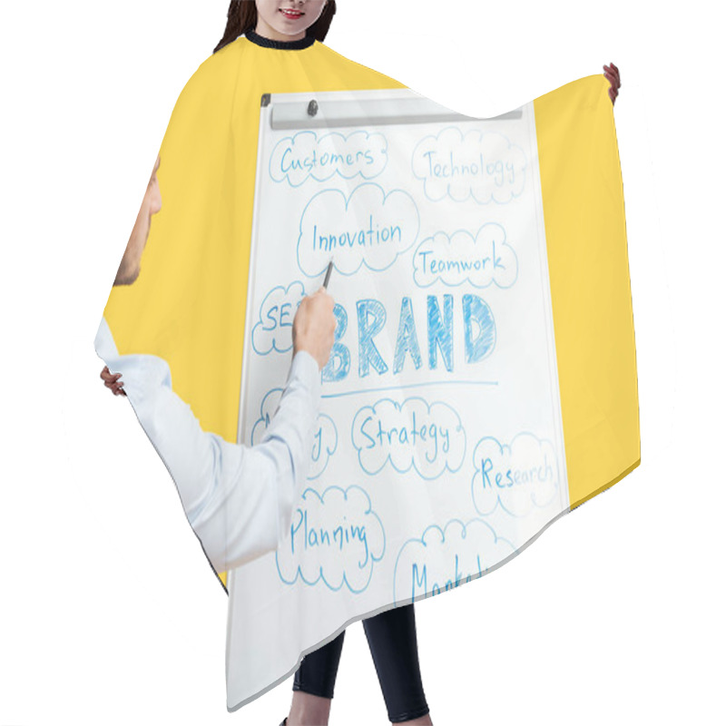 Personality  Back View Of Businessman Standing Near White Office Board, Pointing At Words On Flipchart Hair Cutting Cape