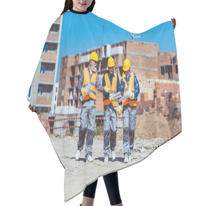 Personality  Three Workers In Hardhats At Construction Site Hair Cutting Cape