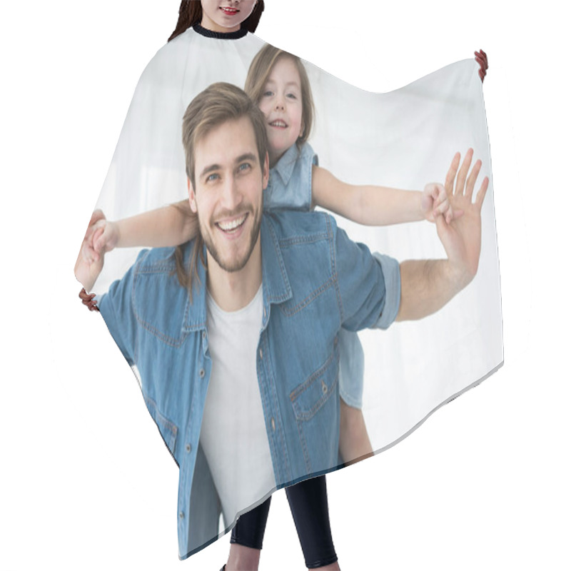 Personality  Happy Loving Family. Father And His Daughter Child Girl Playing Together. Fathers Day Concept Hair Cutting Cape