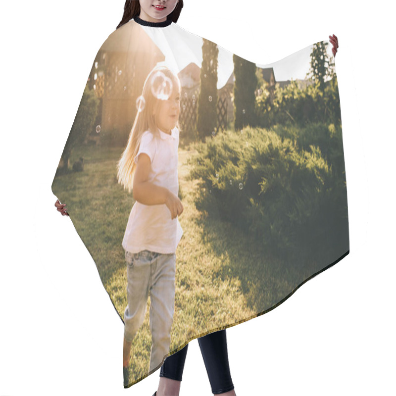 Personality  Little Kid Having Fun With Soap Bubbles On Backyard Hair Cutting Cape