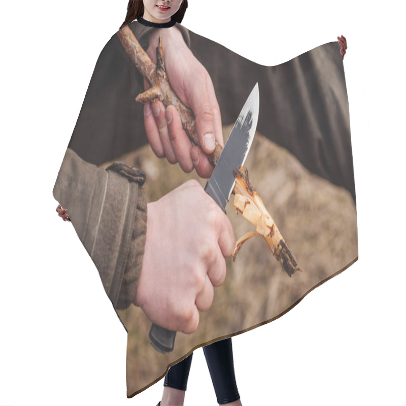 Personality  Close-up Hand Hunter Man With Knife Cut A Wooden Stick Hair Cutting Cape