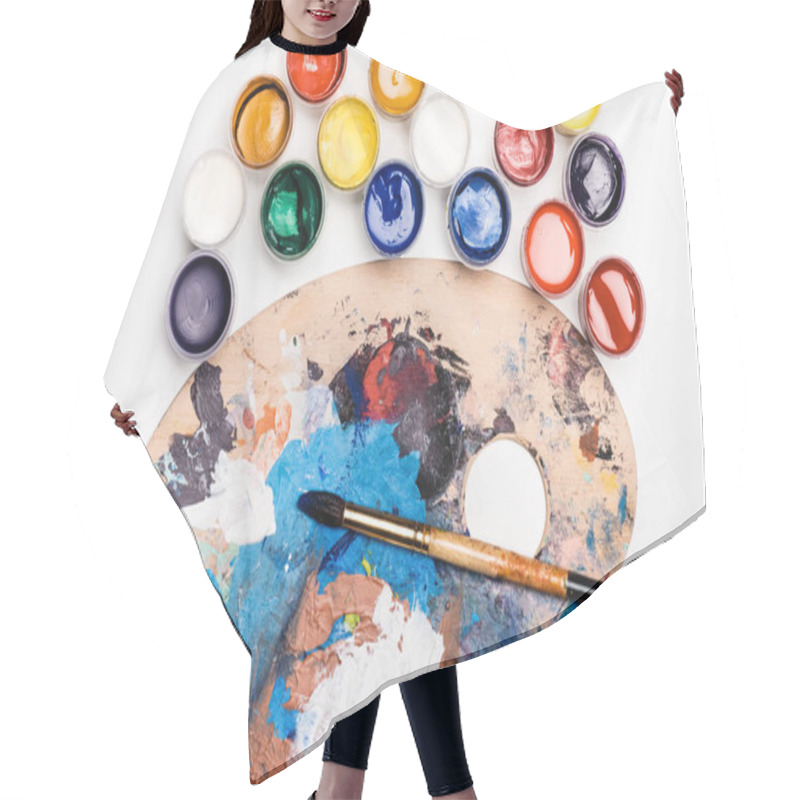 Personality  Top View Of Palette With Gouache Paints And Paintbrush On White Background Hair Cutting Cape