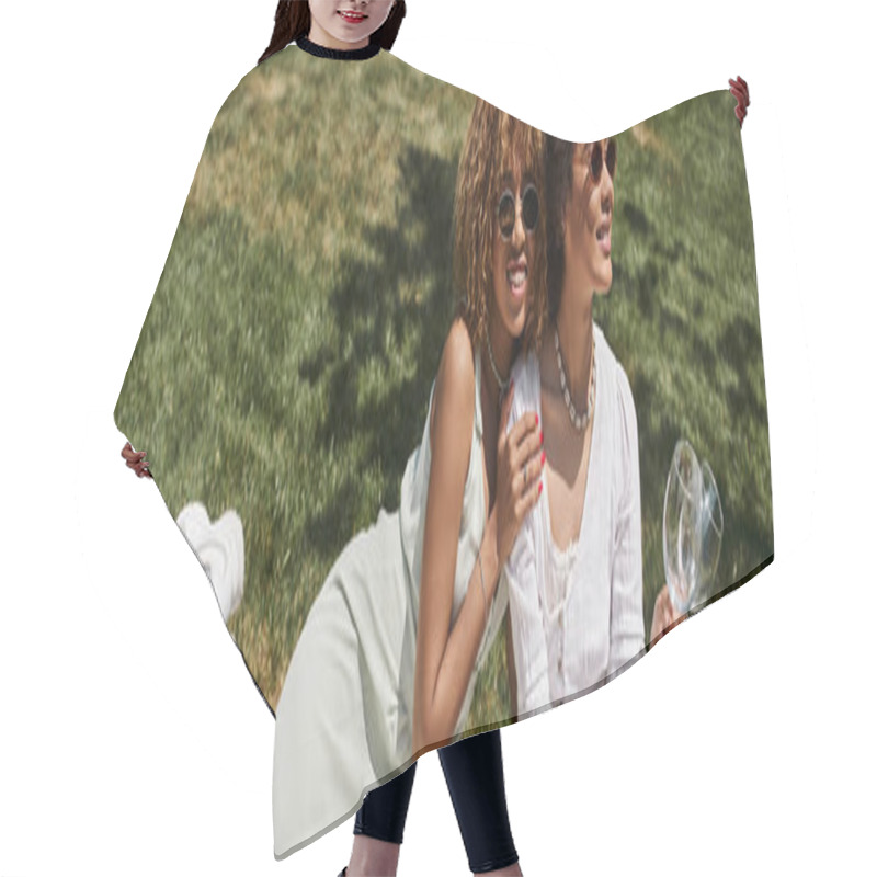 Personality  Joyful African American Woman In Sunglasses Embracing Girlfriend During Picnic, Banner Hair Cutting Cape