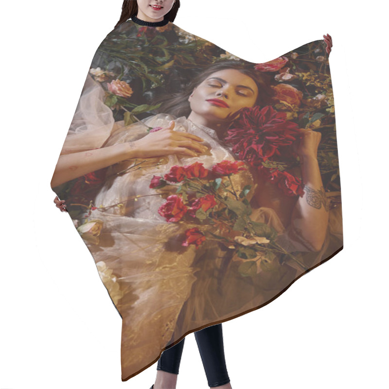 Personality  Top View, Sensual Young Woman In Romantic Transparent Dress Lying Among Beautiful Flowers Hair Cutting Cape