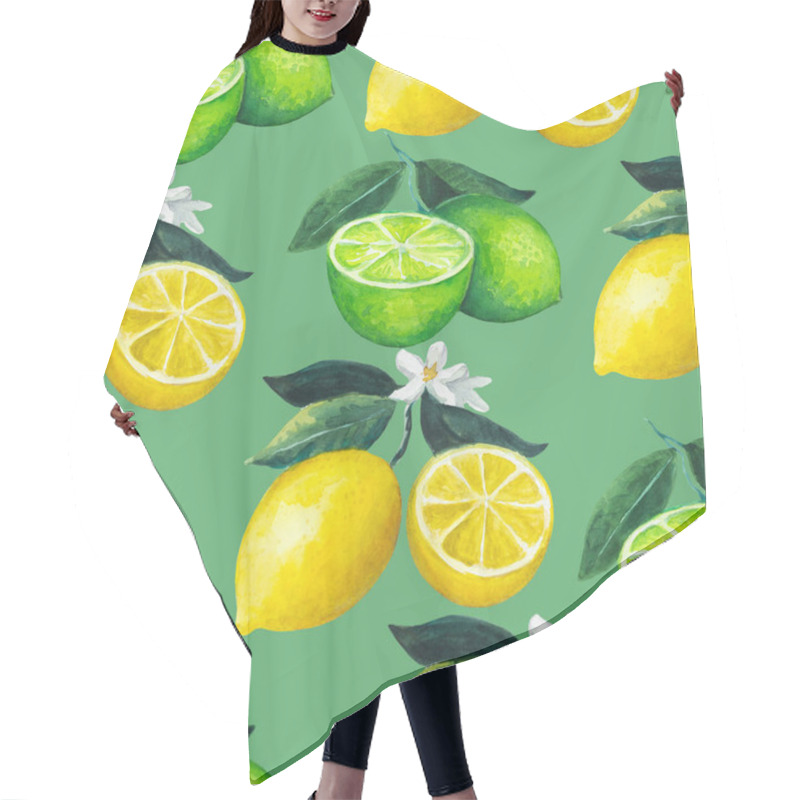 Personality  Seamless Pattern With Citrus Fruits, Lemon And Lime With Leaves And Flowers. Watercolor Illustration For Design And Textile.  Hair Cutting Cape