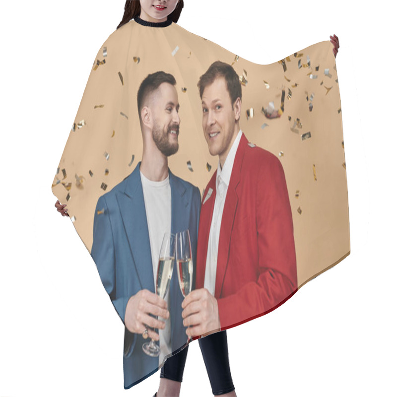 Personality  Two Men In Suits Celebrate With Champagne And Confetti. Hair Cutting Cape