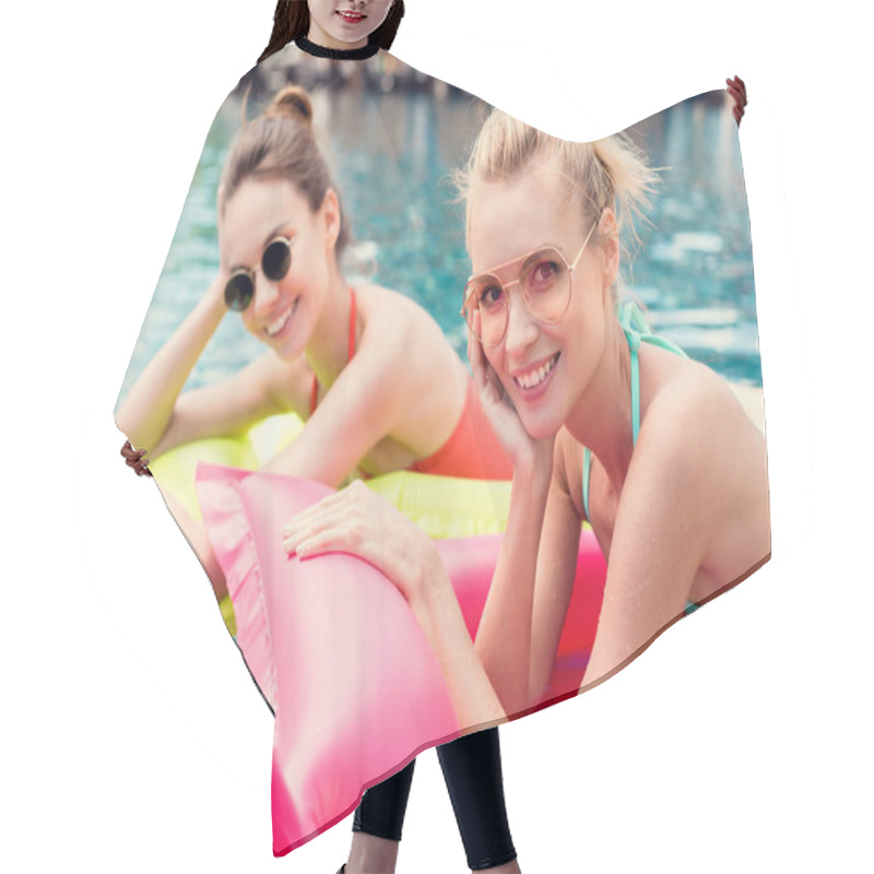 Personality  Beautiful Young Women Lying On Inflatable Mattresses In Swimming Pool And Looking At Camera Hair Cutting Cape