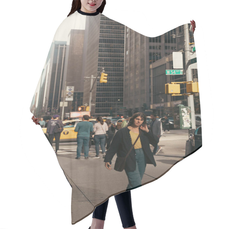 Personality  NEW YORK, USA - OCTOBER 11, 2022: Woman Walking On Blurred Urban Street In Manhattan  Hair Cutting Cape