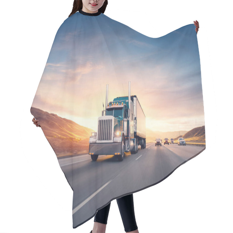 Personality  American Style Truck On Freeway Pulling Load. Transportation Theme. Road Cars Theme. Hair Cutting Cape