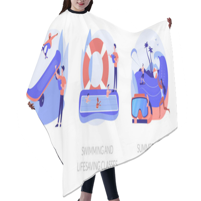 Personality  Active Hobby And Recreation Flat Icons Set. Summer Leisure. Extreme Camp, Swimming And Lifesaving Classes, Summer Beach Activities Metaphors. Vector Isolated Concept Metaphor Illustrations. Hair Cutting Cape