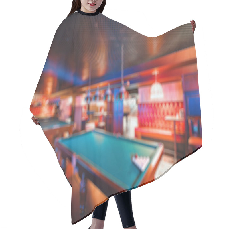 Personality  Abstract Blur. Brand New And Modern Billiard Interior In Night Time Hair Cutting Cape