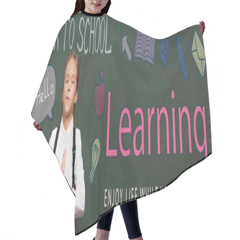 Personality  Panoramic Concept Of Schoolgirl With Praying Hands Near Chalkboard With Back To School, Learning Enjoy Life While You Are Young Lettering Hair Cutting Cape