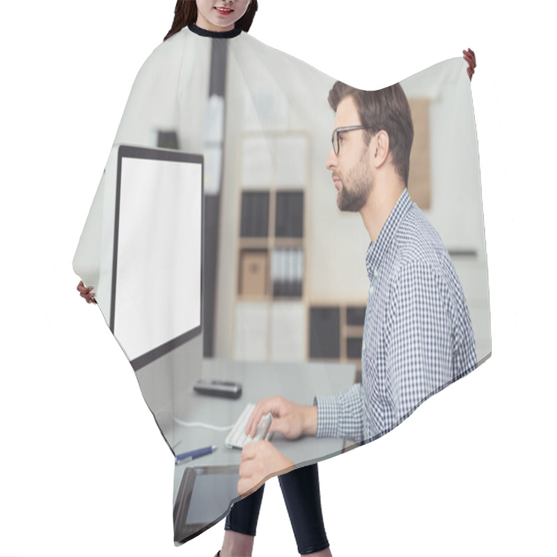 Personality  Young Businessman Working On Computer At Desk Hair Cutting Cape