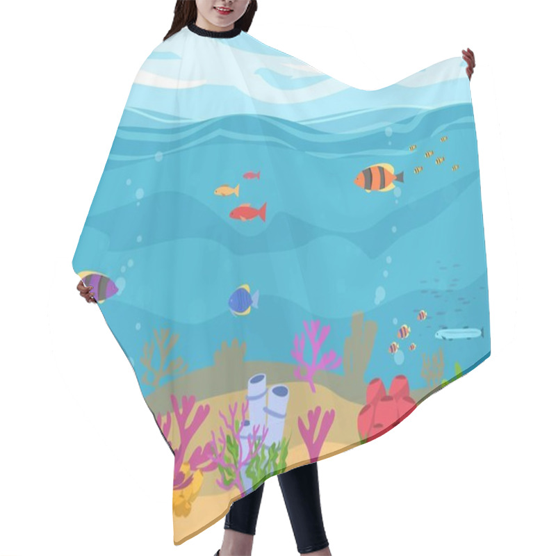 Personality  Banner With Ocean And Undersea Background Design, Flat Vector Illustration. Underwater And Marine Life Theme Banner With No People For Diving And Snorkeling Topics. Hair Cutting Cape