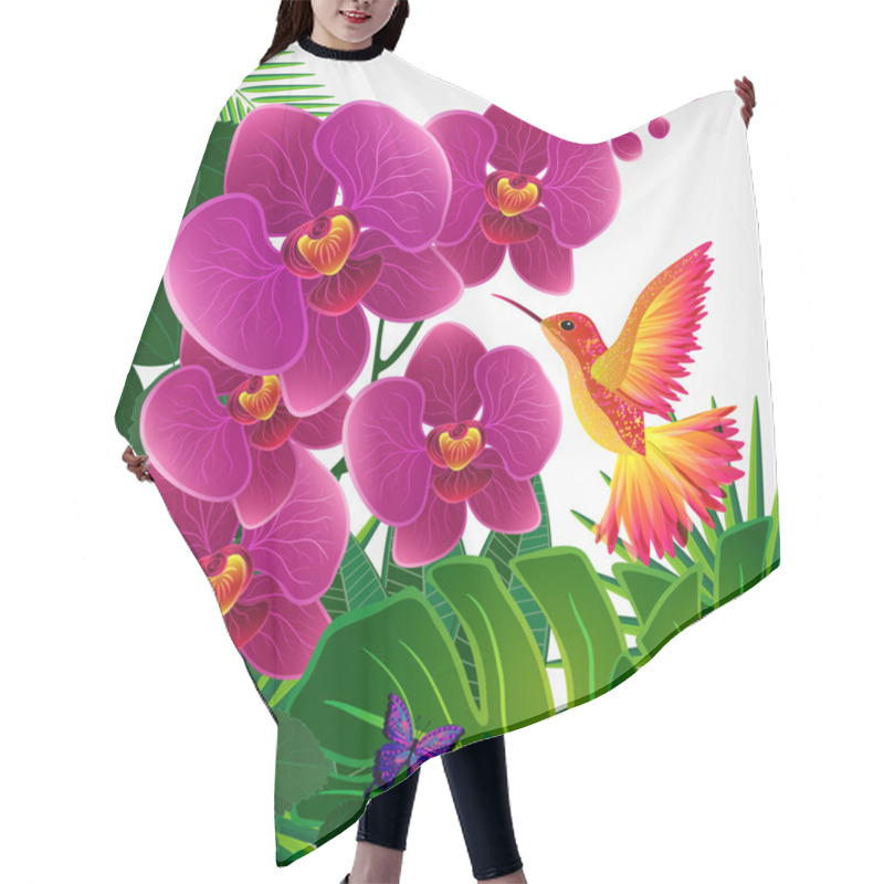 Personality  Floral Design Background. Orchid Flowers With Bird, Butterflies. Hair Cutting Cape