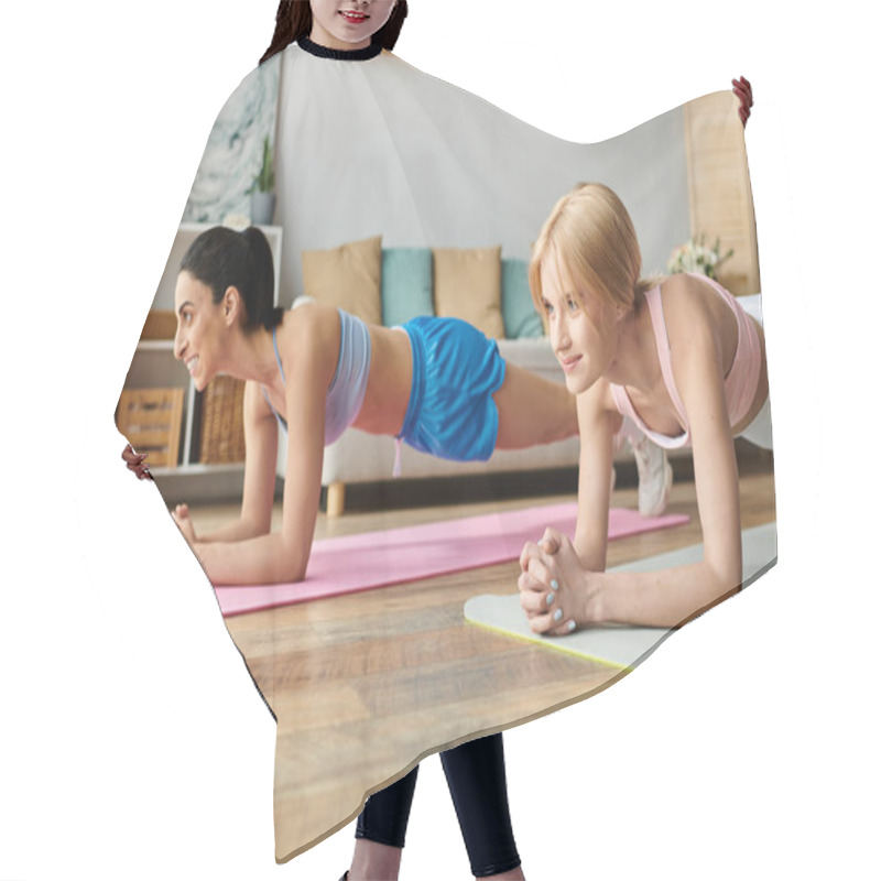 Personality  Two Young Women Share A Joyful Workout, Supporting Each Other While Exercising At Home. Hair Cutting Cape