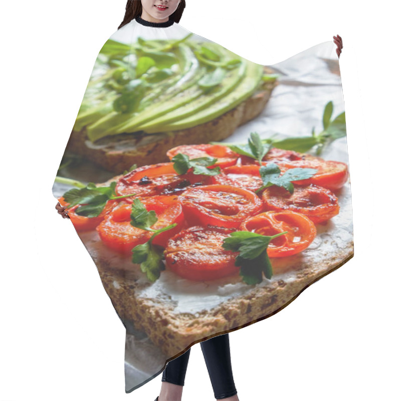 Personality  Clean Eating Concept. Sandwich With Organic Ingredients. Hair Cutting Cape