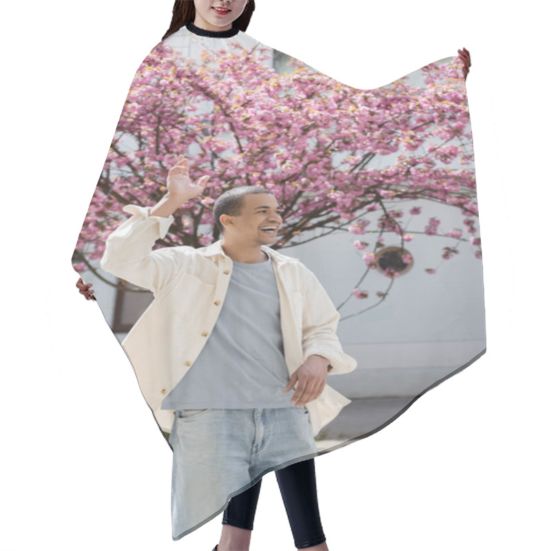 Personality  African American Man In Shirt Jacket Walking Near Pink Cherry Tree Hair Cutting Cape