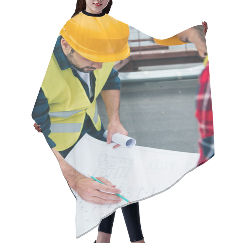 Personality  Engineers In Safety Vests And Hardhats With Digital Tablet Drawing On Blueprints Hair Cutting Cape