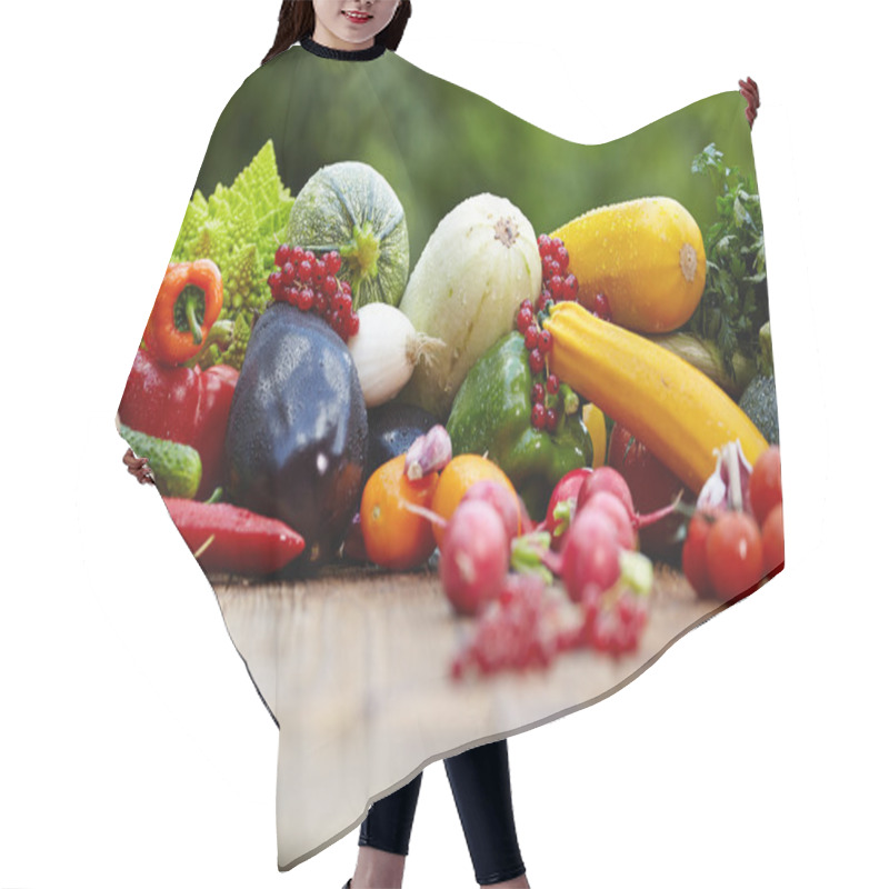 Personality  Fresh Organic Vegetables  On Wood Table Hair Cutting Cape