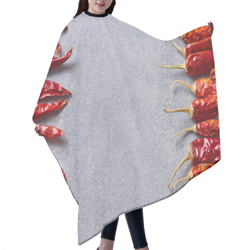 Personality  Top View Of Red Chili Peppers Arranged On Grey Tabletop Hair Cutting Cape