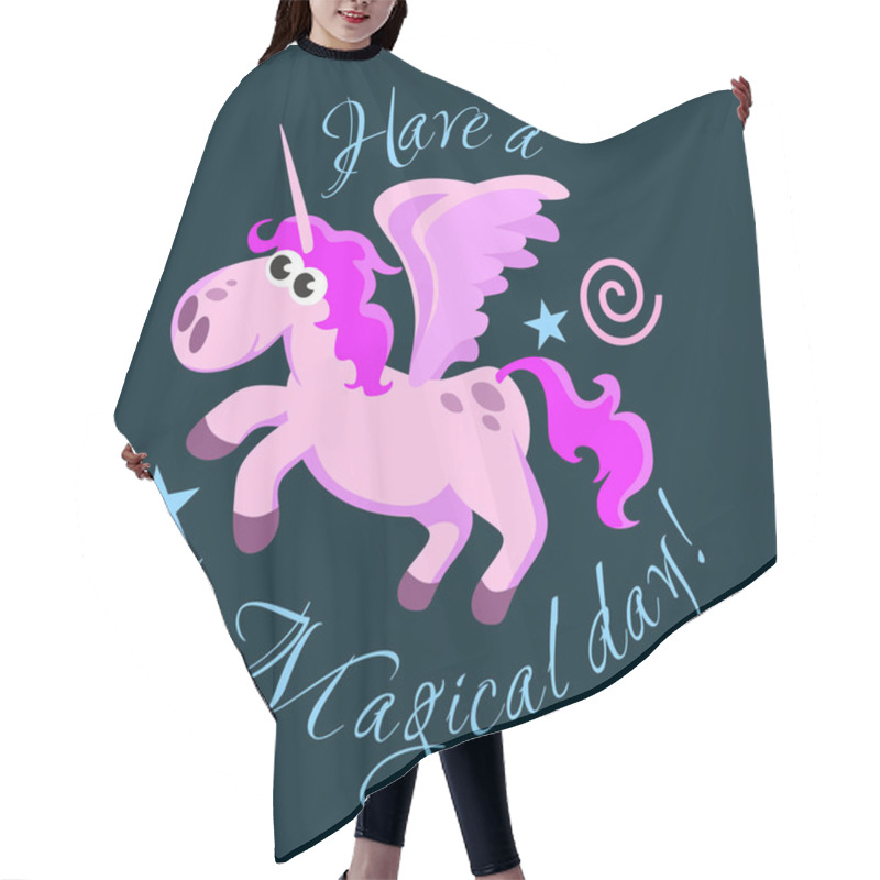 Personality  Cute Unicorn Isolated Set, Magic Pegasus Flying With Wing And Horn On Rainbow, Fantasy Horse Vector Illustration, Myth Creature Dreaming On Colored Background, Greeting Card Text Template Hair Cutting Cape