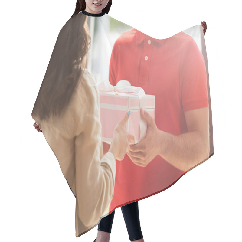 Personality  Cropped View Of Delivery Man Giving Pink Present To Young Woman  Hair Cutting Cape