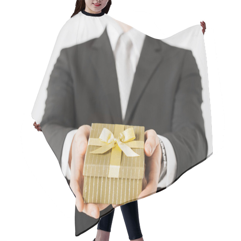 Personality  Man Hands Holding Gift Box Hair Cutting Cape