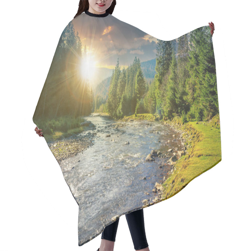 Personality  Mountain River Winding Through Forest At Sunset Hair Cutting Cape