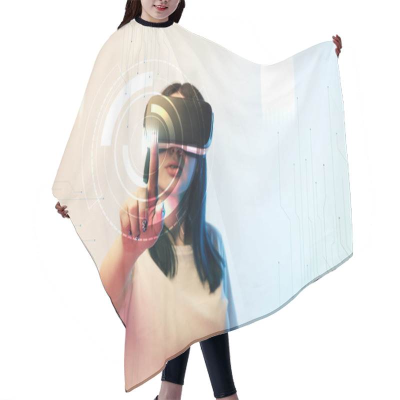 Personality  Young Woman In Vr Headset Pointing With Finger At Network Illustration On Beige And Blue Background Hair Cutting Cape