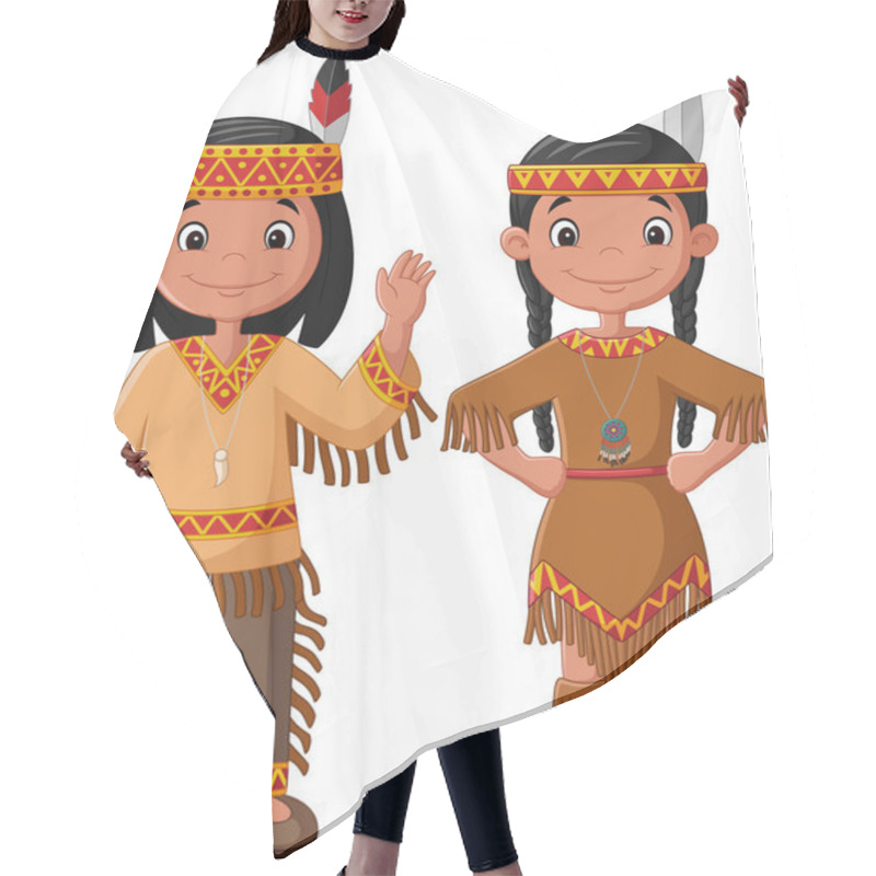 Personality  Cartoon Couple Native Indian American With Traditional Costume Hair Cutting Cape