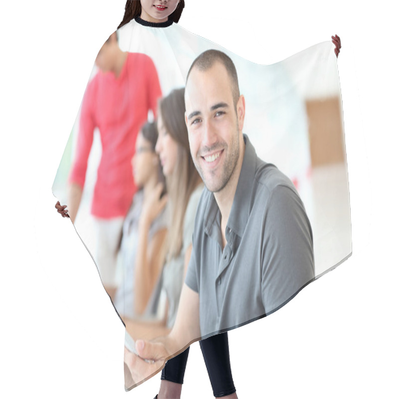 Personality  Portrait Of Smiling Student Hair Cutting Cape