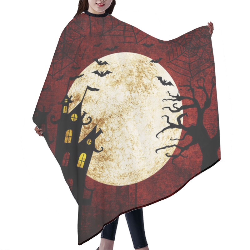 Personality  Halloween Bloody Red Grunge Background With Full Moon, Silhouettes Of Bats, Terrible Dead Tree, Castle, Webs And Spiders On Dark Spooky Night Sky. Halloween, Horror Concept. Space For Text. Hair Cutting Cape