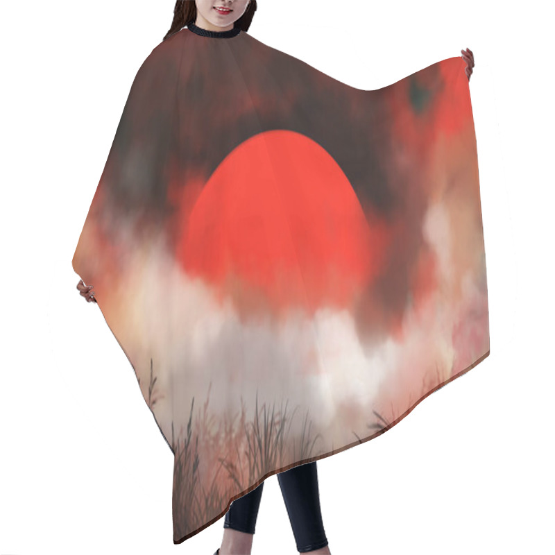 Personality  The Blood Red Moon Is Shrouded In Clouds On A Grassy Field. Hair Cutting Cape