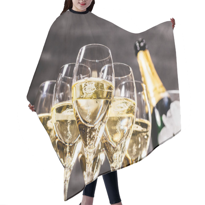 Personality  Champagne Bottle And Glasses On Dark Background, Close Up Hair Cutting Cape